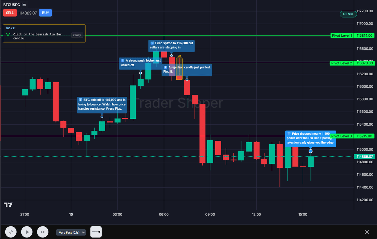 Trading platform demo with candlestick chart and lesson tasks